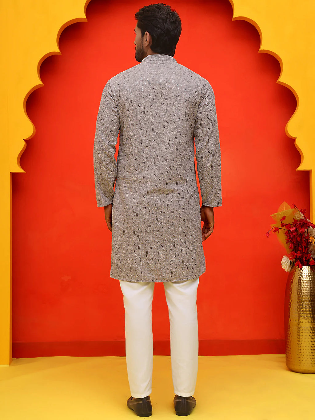 sequin embroidered pure cotton kurta with pyjamas coral
