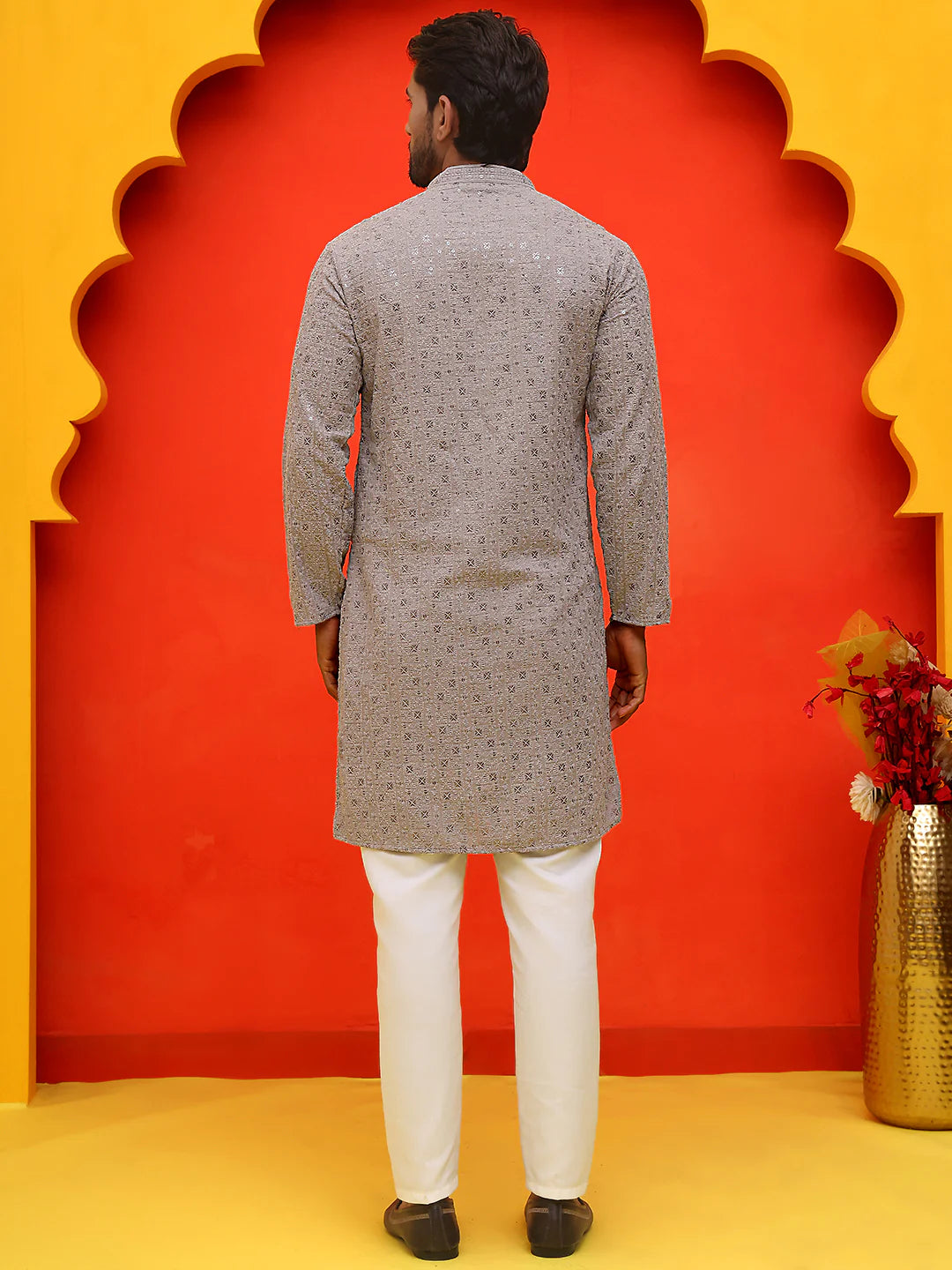 sequin embroidered pure cotton kurta with pyjamas coral