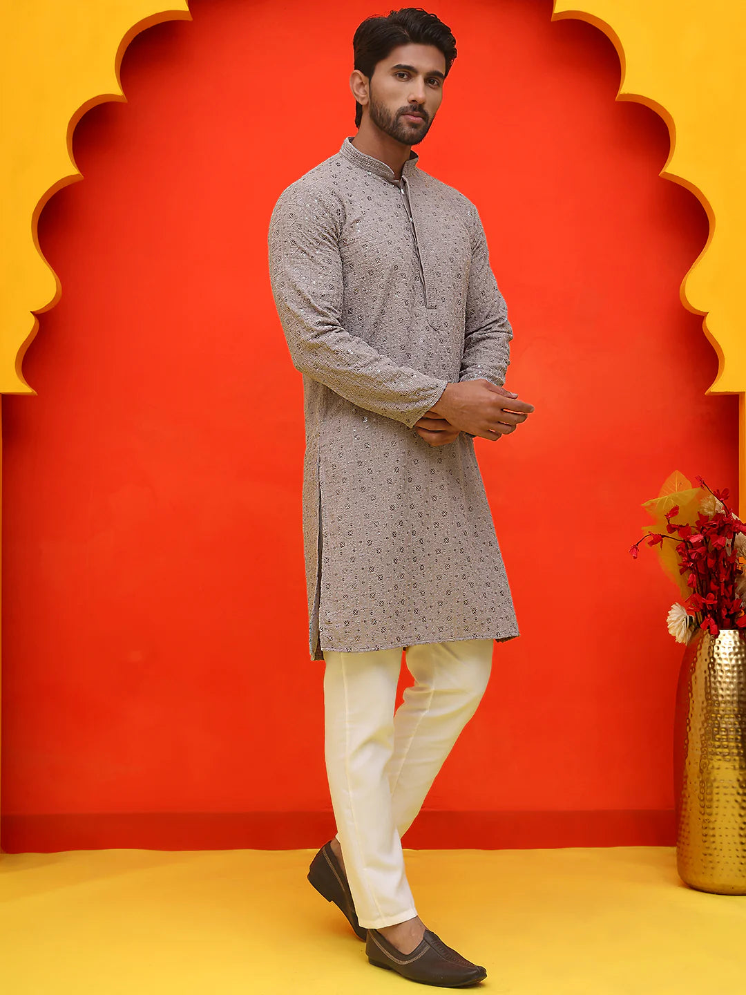 sequin embroidered pure cotton kurta with pyjamas coral