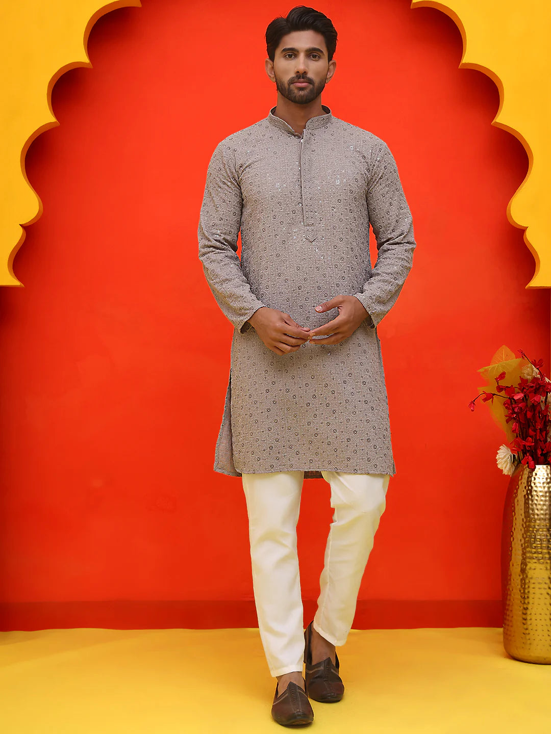 sequin embroidered pure cotton kurta with pyjamas coral
