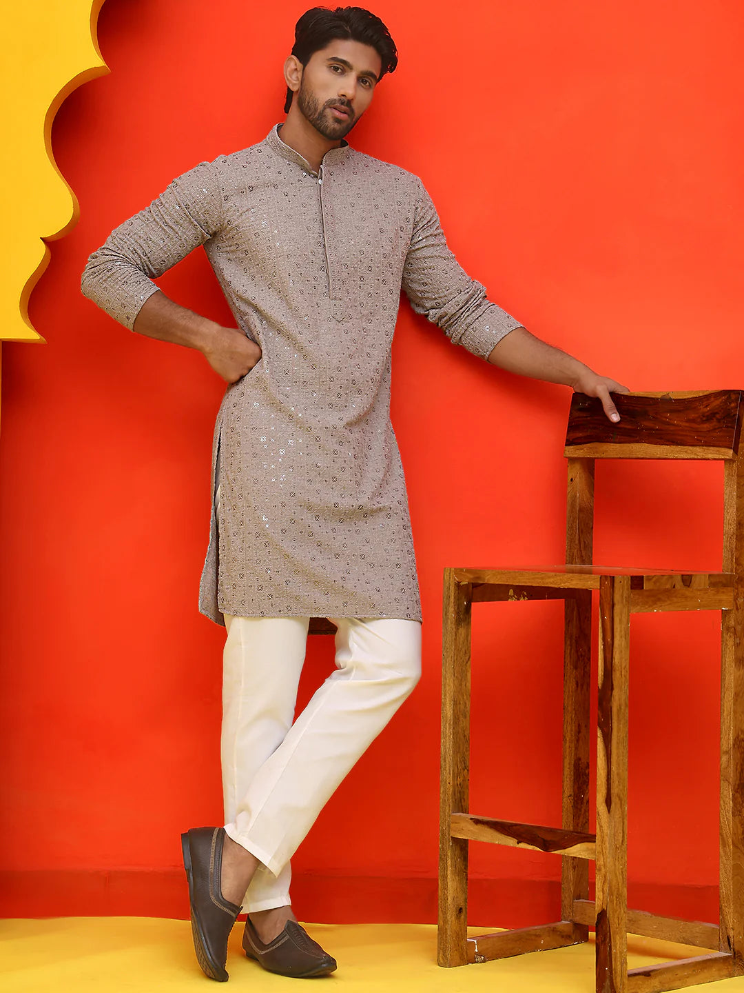 sequin embroidered pure cotton kurta with pyjamas coral