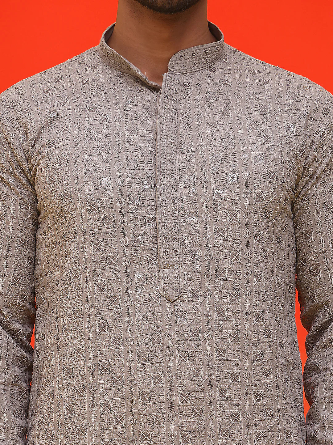 sequin embroidered pure cotton kurta with pyjamas coral