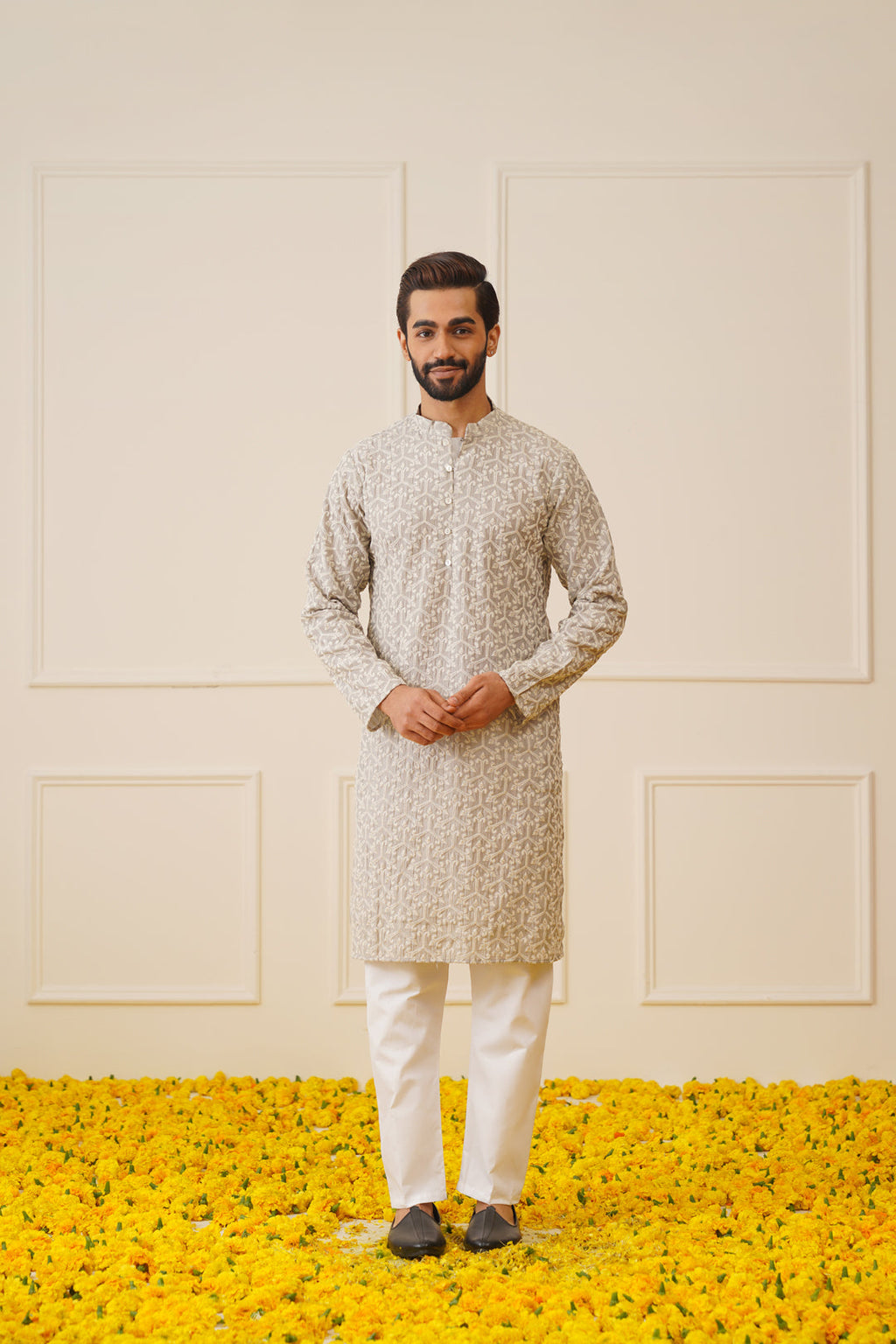 mens chikankari embroidered kurta pyjama set grey