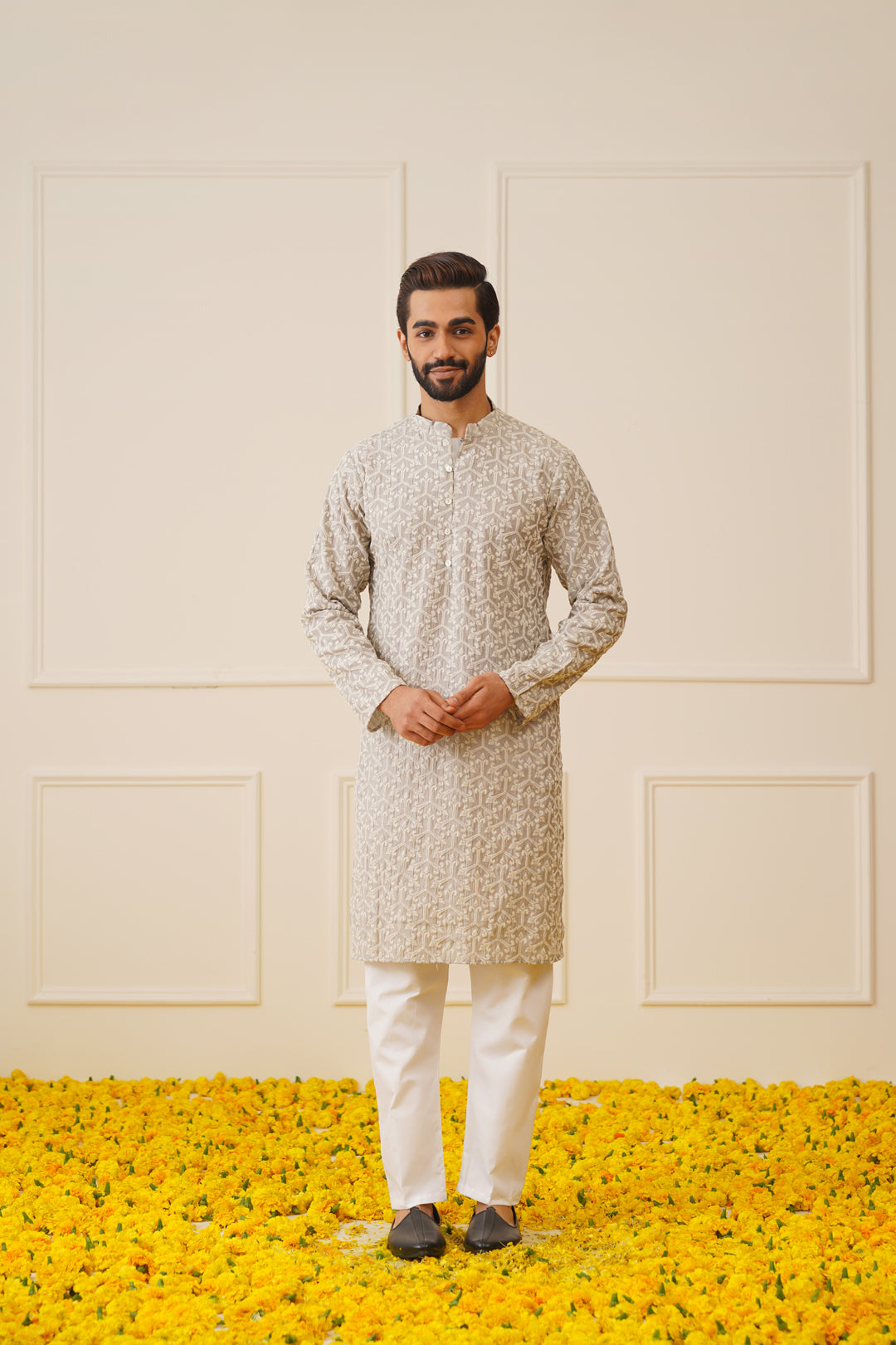 mens chikankari embroidered kurta pyjama set grey