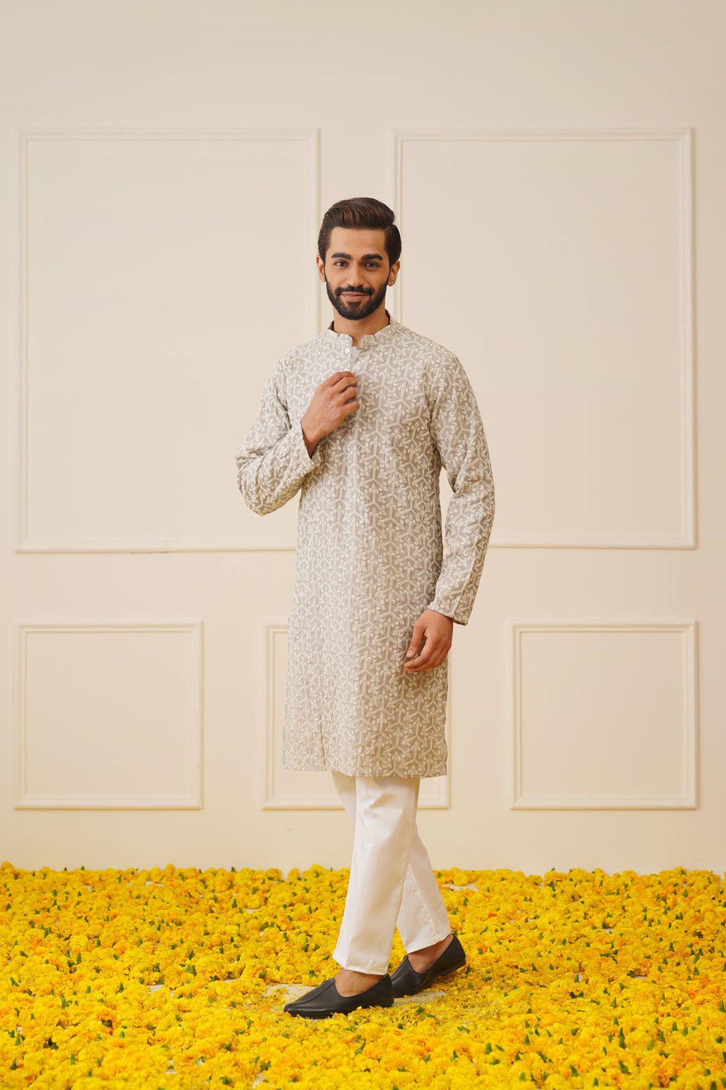 mens chikankari embroidered kurta pyjama set grey