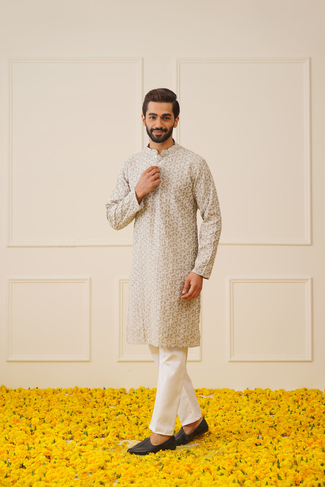 mens chikankari embroidered kurta pyjama set grey