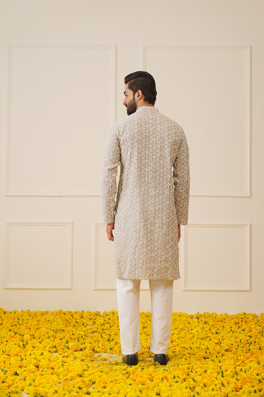 mens chikankari embroidered kurta pyjama set grey