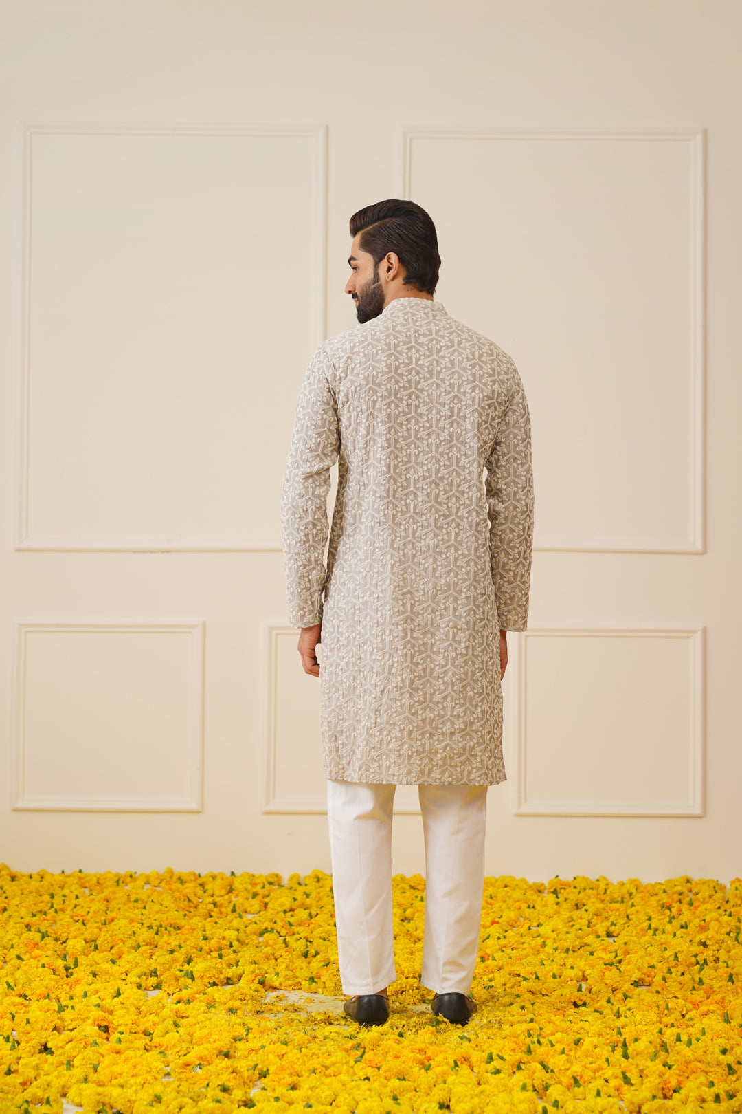 mens chikankari embroidered kurta pyjama set grey