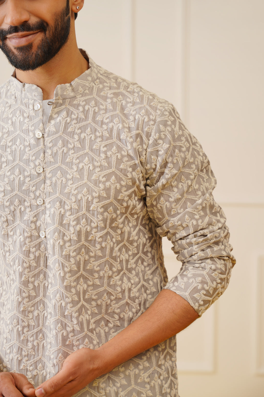 mens chikankari embroidered kurta pyjama set grey