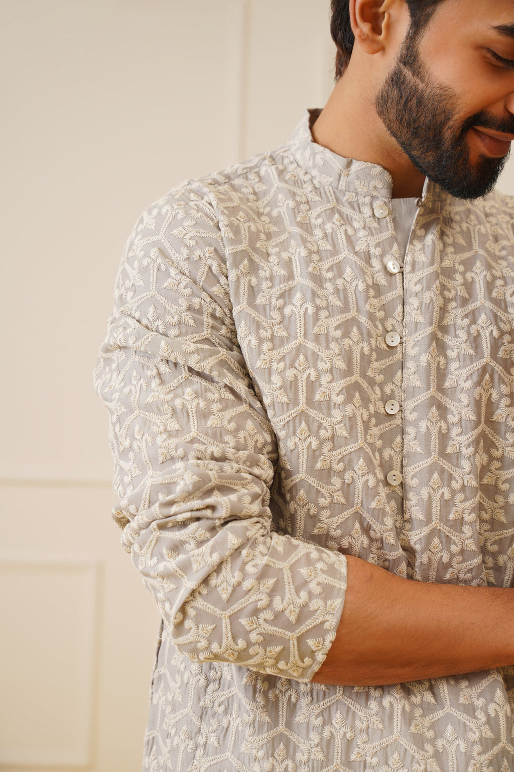 mens chikankari embroidered kurta pyjama set grey