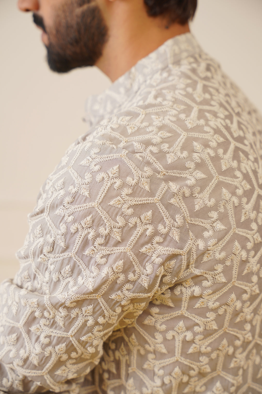 mens chikankari embroidered kurta pyjama set grey