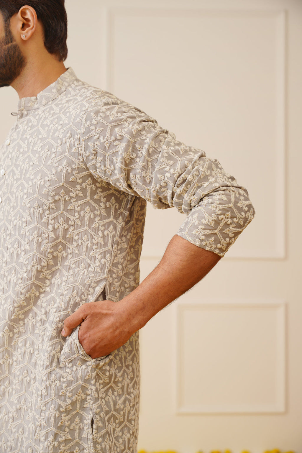 mens chikankari embroidered kurta pyjama set grey