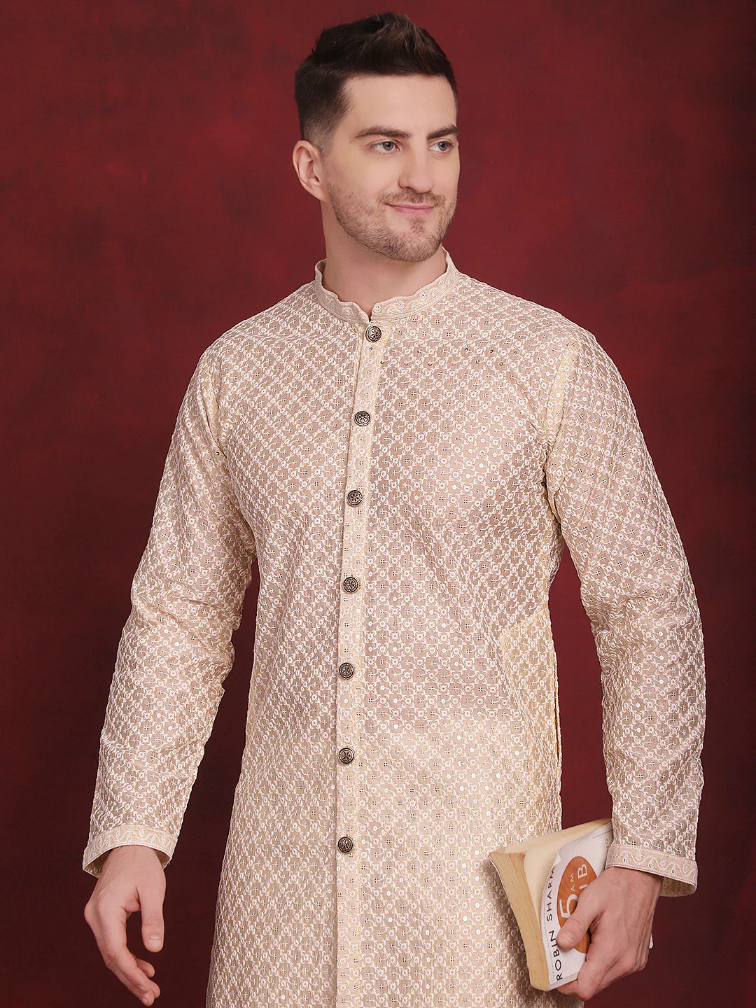 mens sequin chikankari front open kurta with pyjamas golden