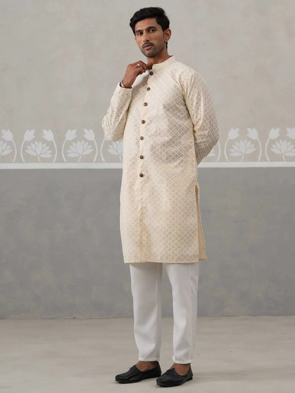 sequin chikankari front open kurta with pyjamas
