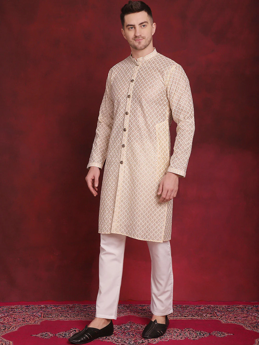 mens sequin chikankari front open kurta with pyjamas golden