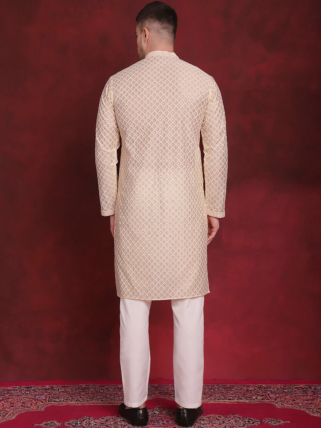 mens sequin chikankari front open kurta with pyjamas golden