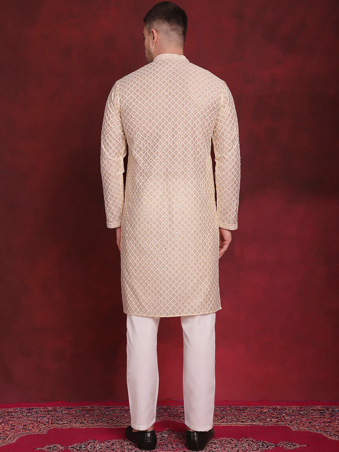 mens sequin chikankari front open kurta with pyjamas golden