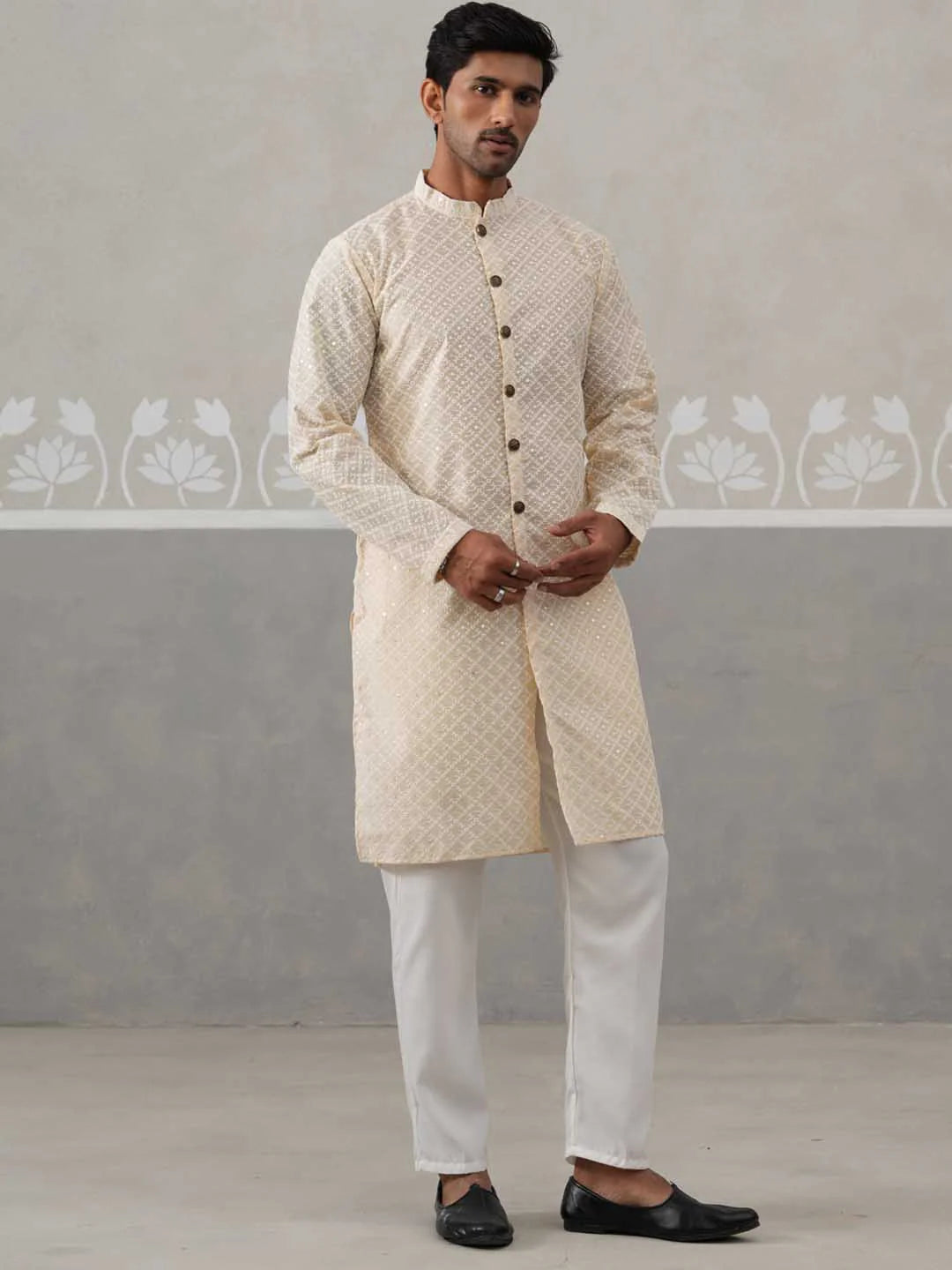 sequin chikankari front open kurta with pyjamas