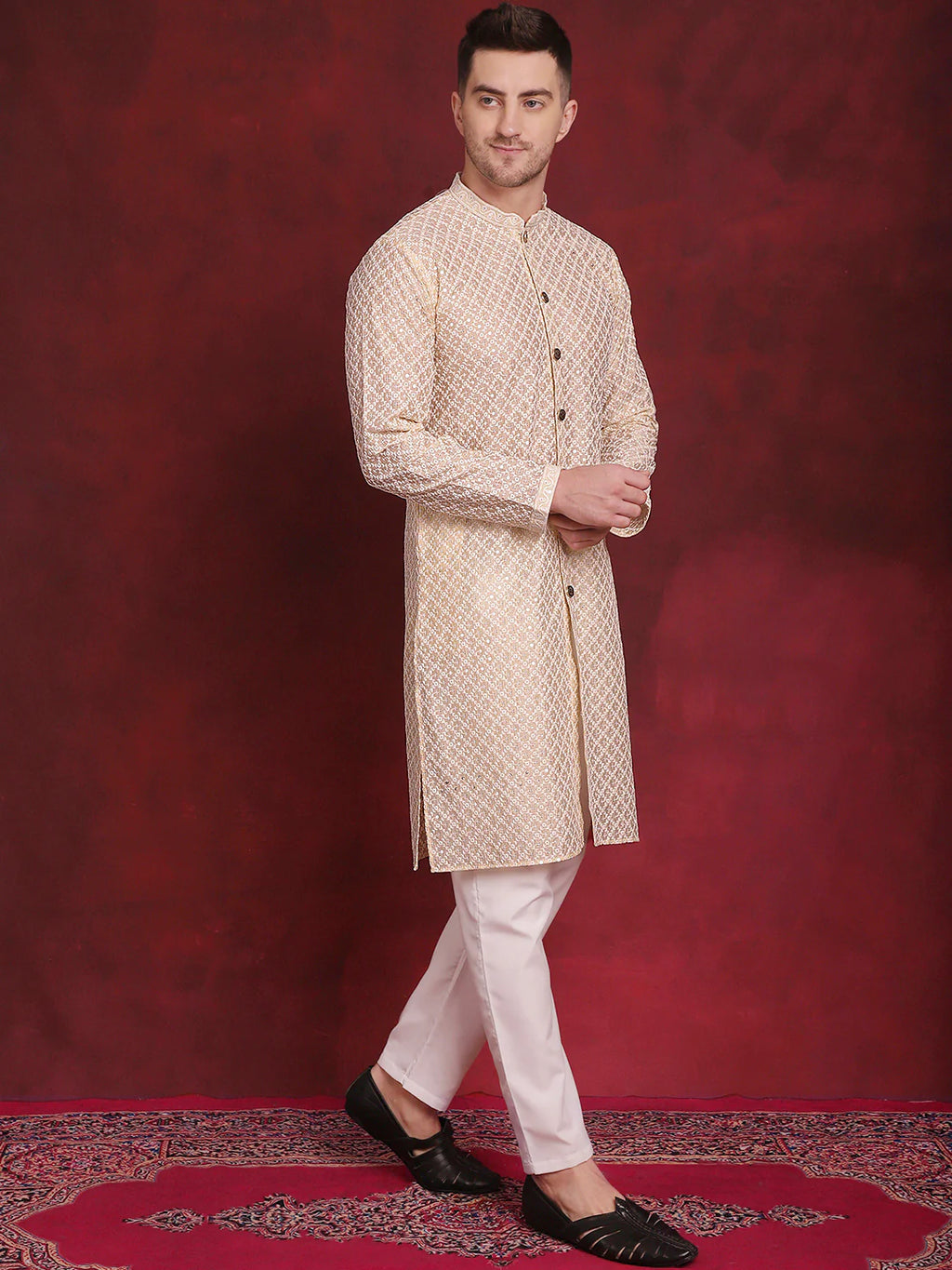 mens sequin chikankari front open kurta with pyjamas golden