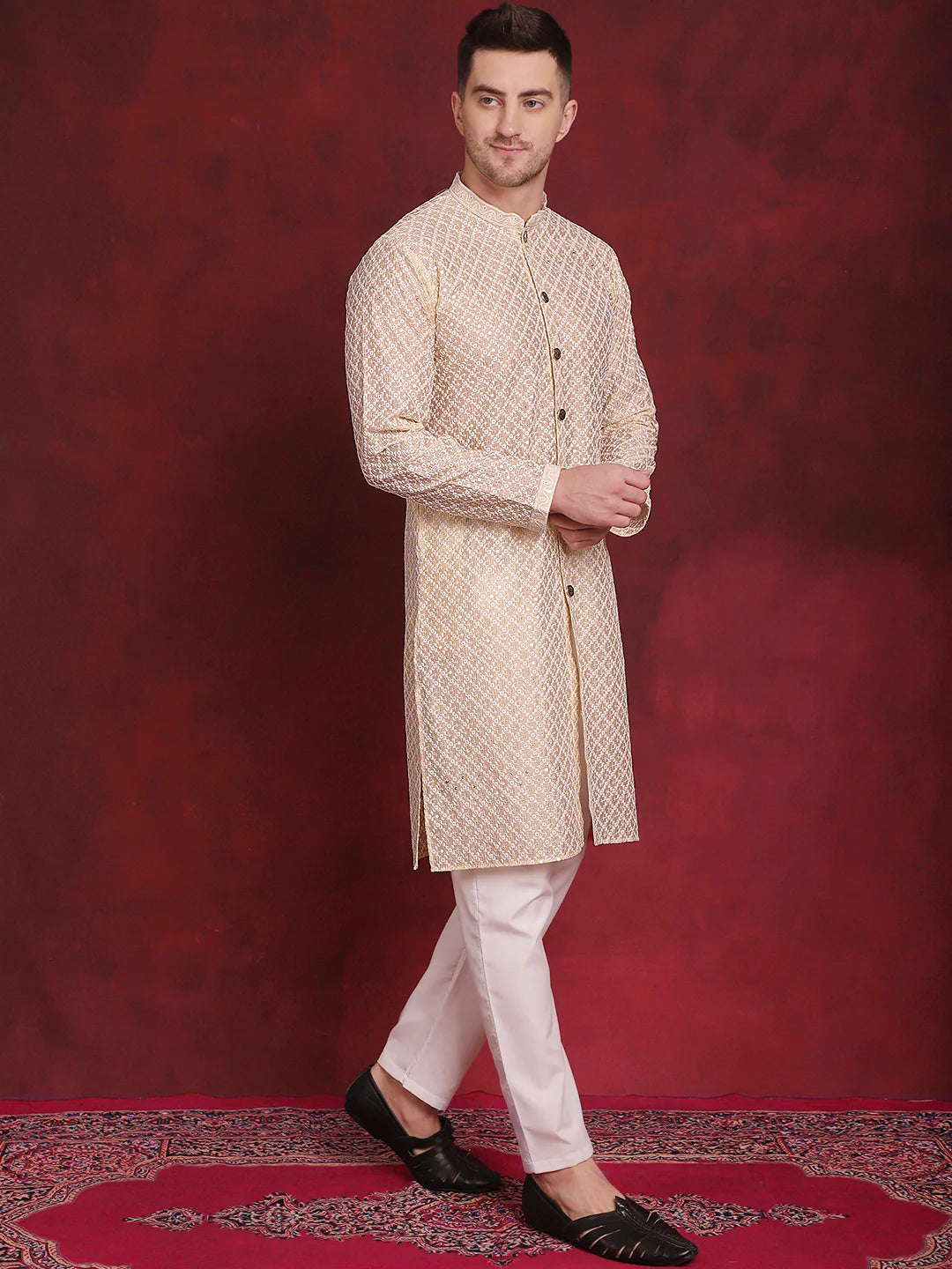 mens sequin chikankari front open kurta with pyjamas golden
