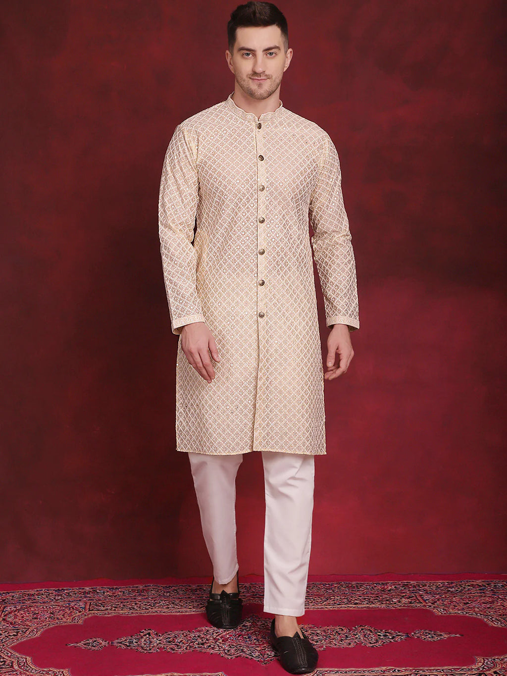 mens sequin chikankari front open kurta with pyjamas golden