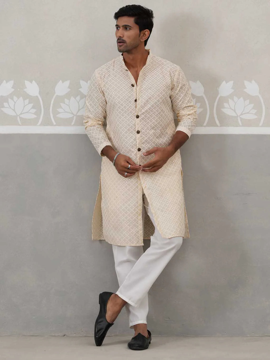 sequin chikankari front open kurta with pyjamas