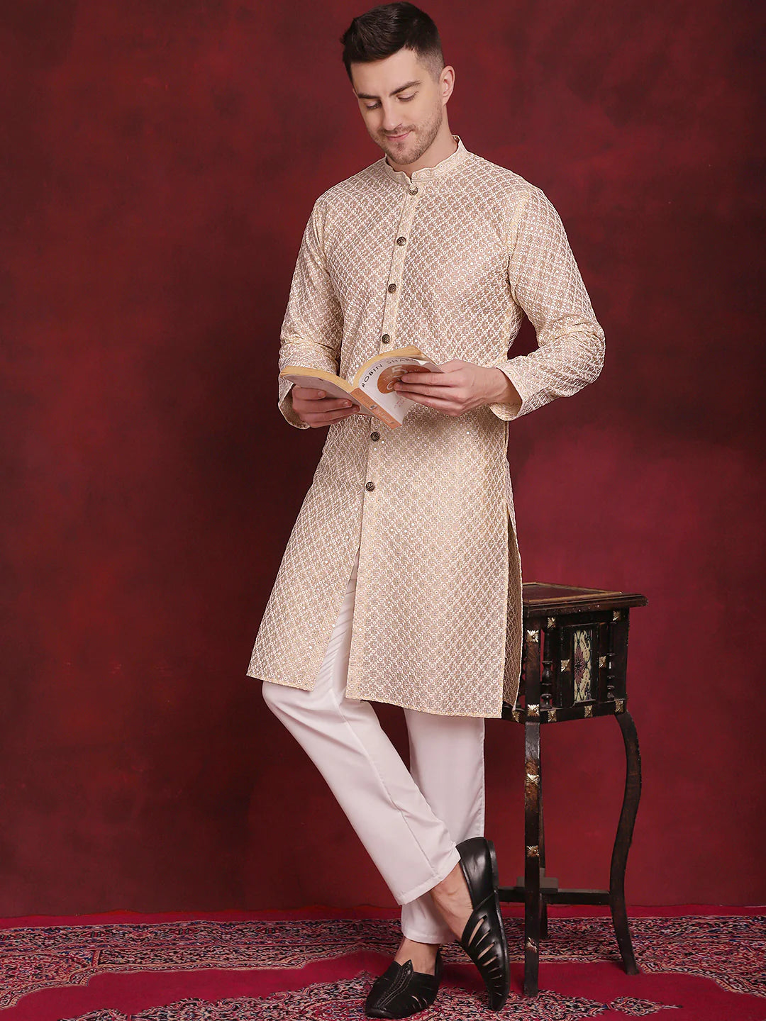 mens sequin chikankari front open kurta with pyjamas golden
