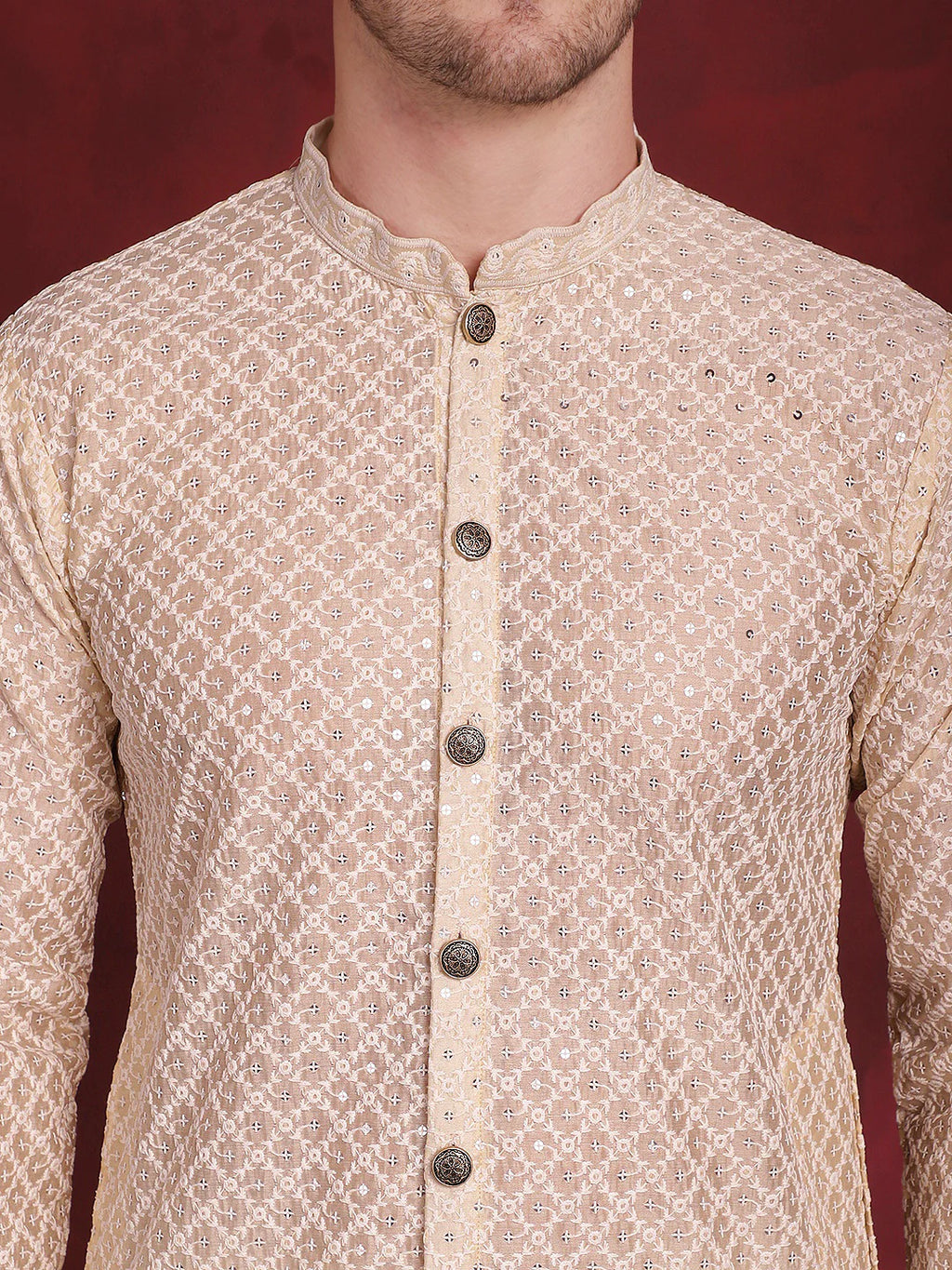 mens sequin chikankari front open kurta with pyjamas golden