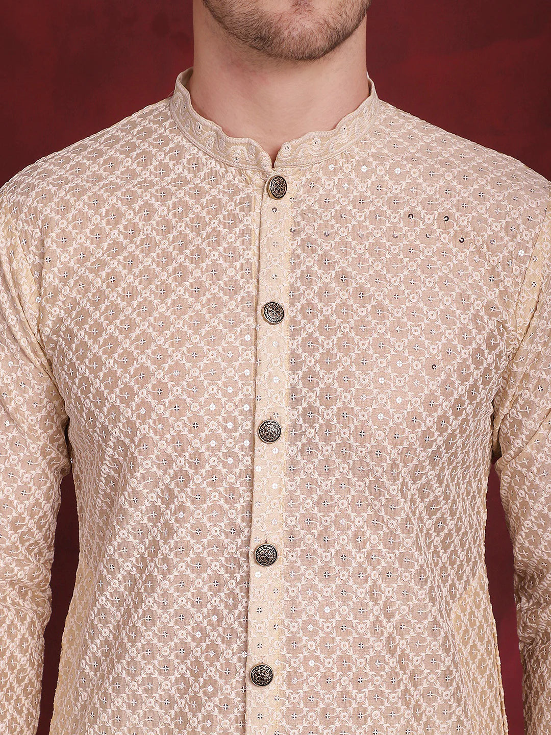 mens sequin chikankari front open kurta with pyjamas golden