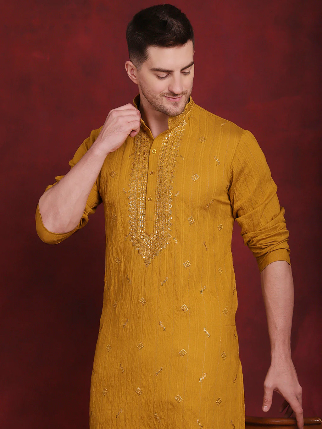mens sequins embroidered kurta pyjama set mustard