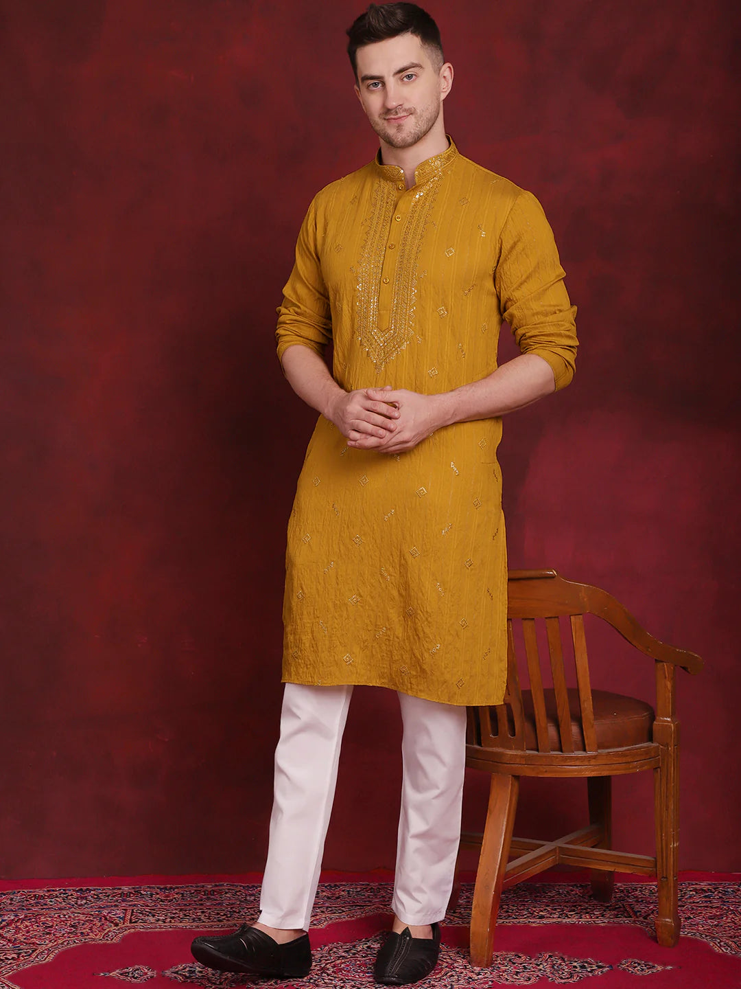 mens sequins embroidered kurta pyjama set mustard