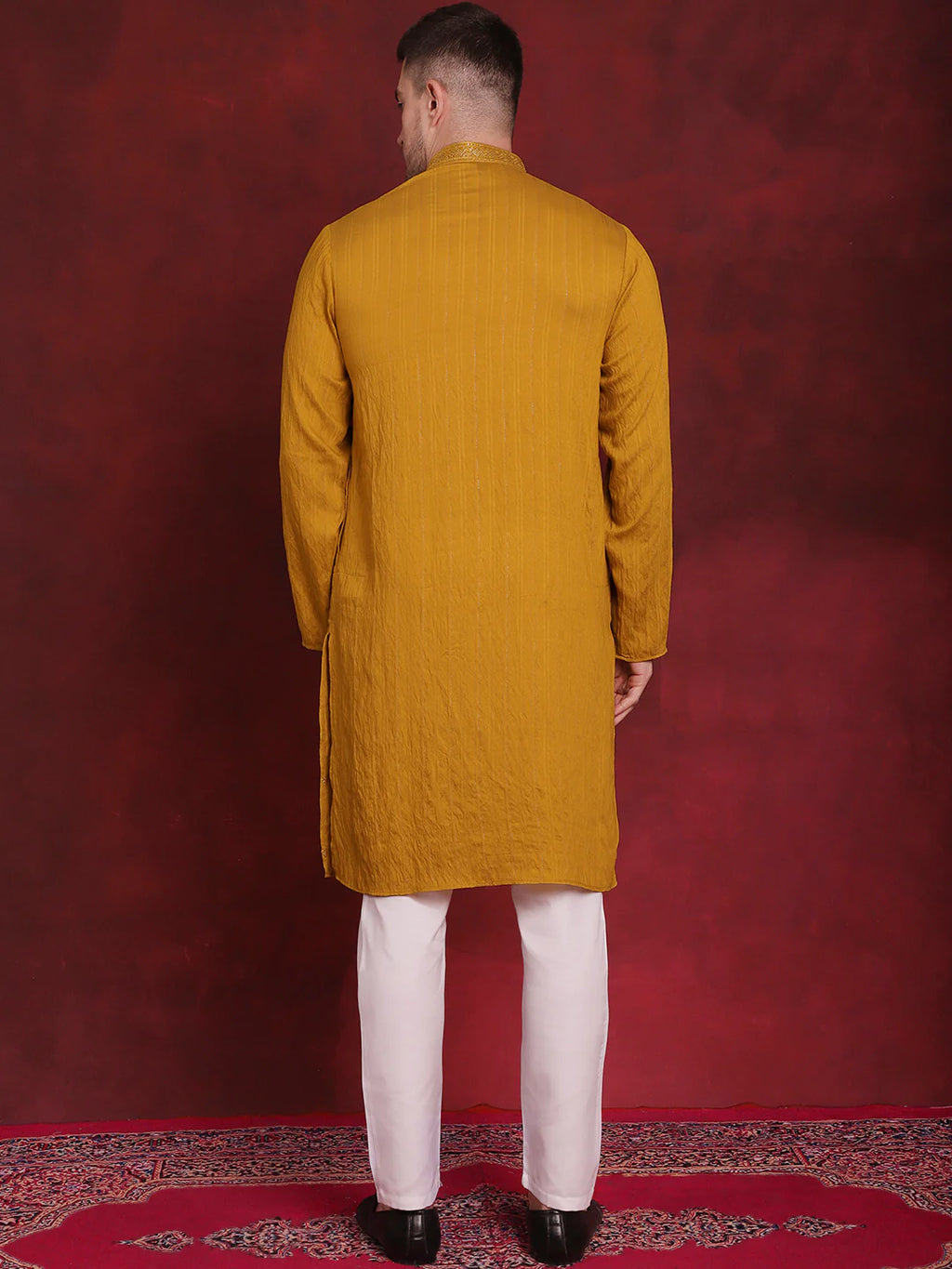 mens sequins embroidered kurta pyjama set mustard