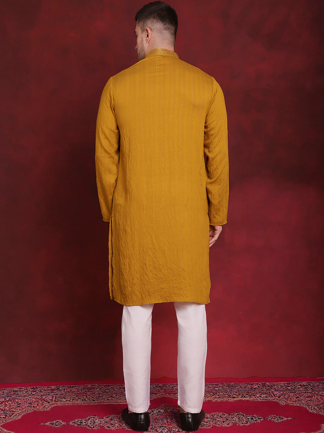 mens sequins embroidered kurta pyjama set mustard