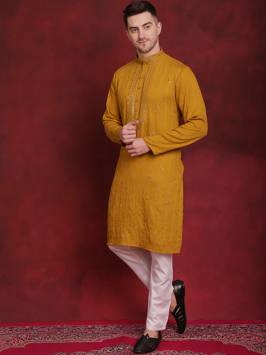 mens sequins embroidered kurta pyjama set mustard