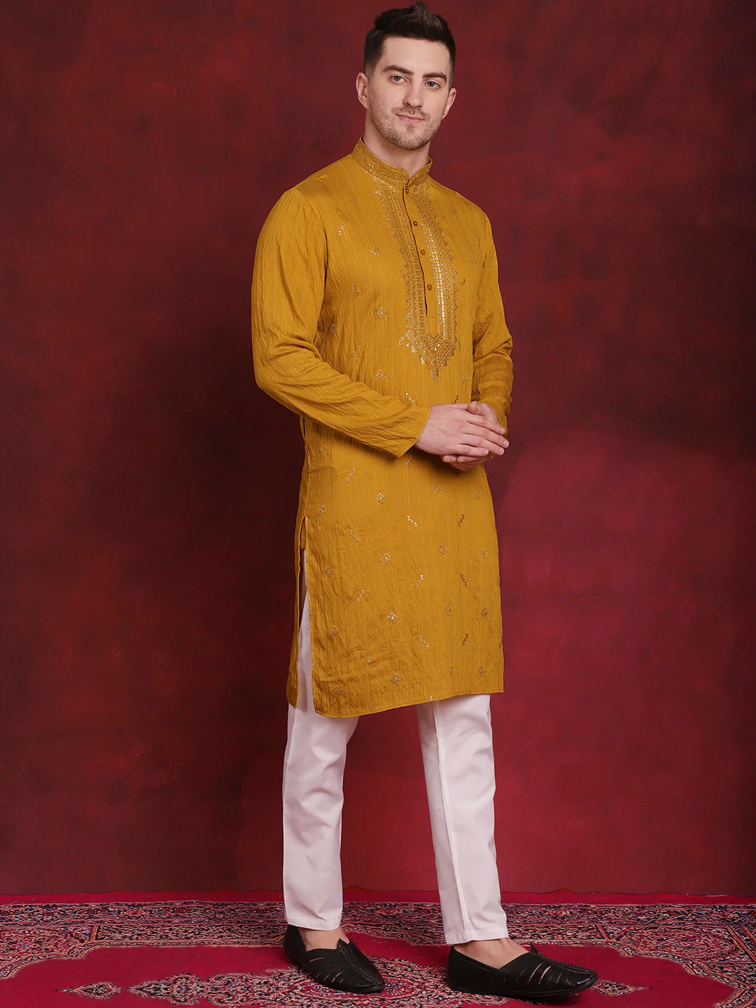 mens sequins embroidered kurta pyjama set mustard