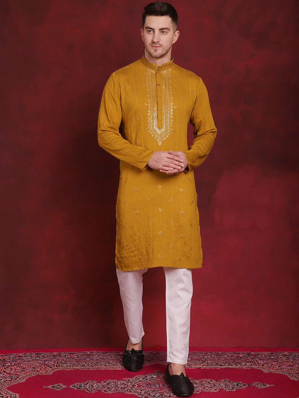 mens sequins embroidered kurta pyjama set mustard