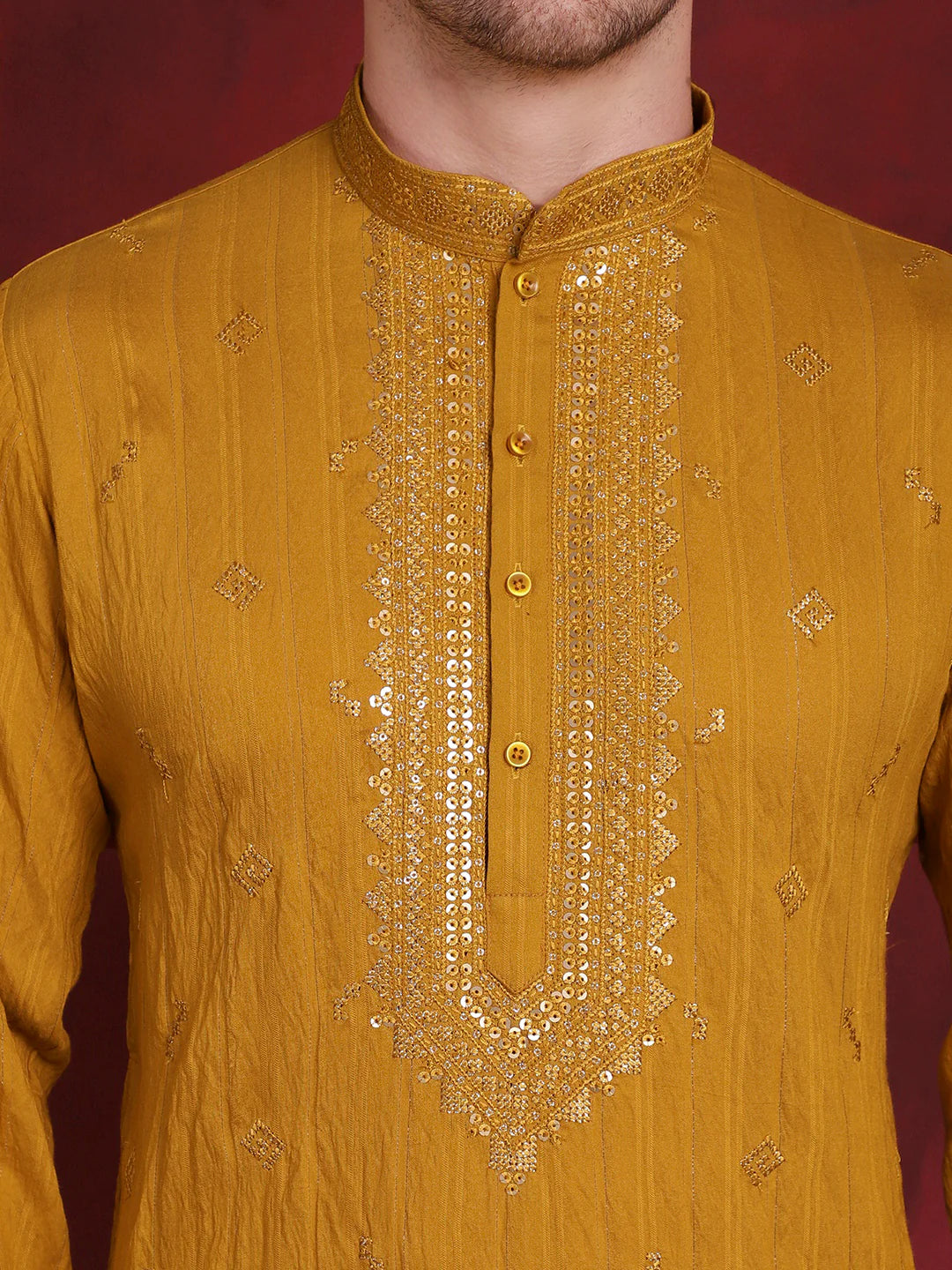 mens sequins embroidered kurta pyjama set mustard