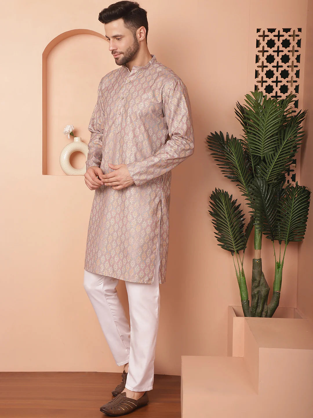 peach foil printed kurta with pyjama