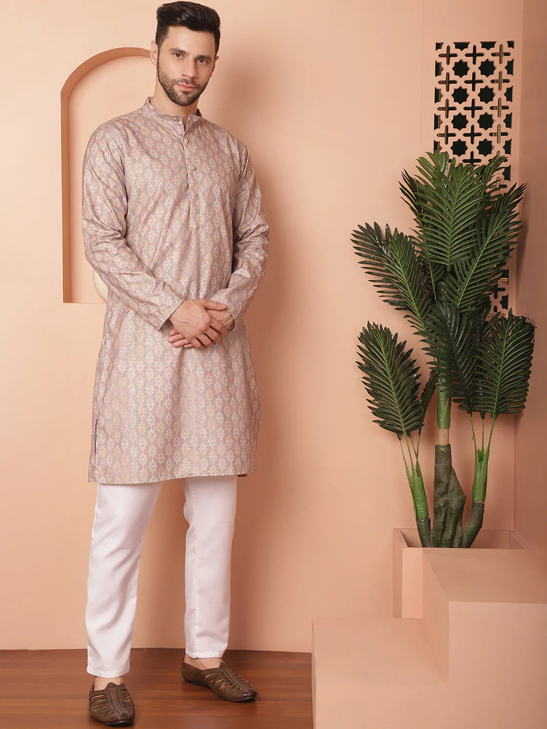 peach foil printed kurta with pyjama