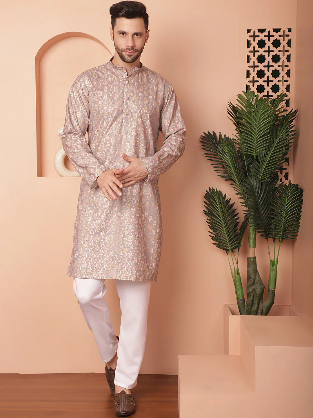 peach foil printed kurta with pyjama