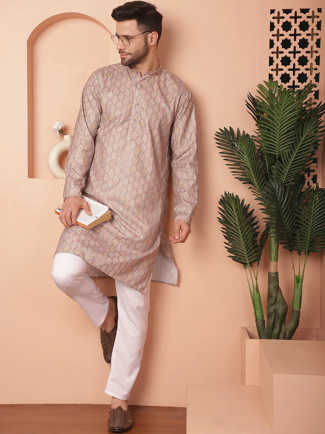 peach foil printed kurta with pyjama