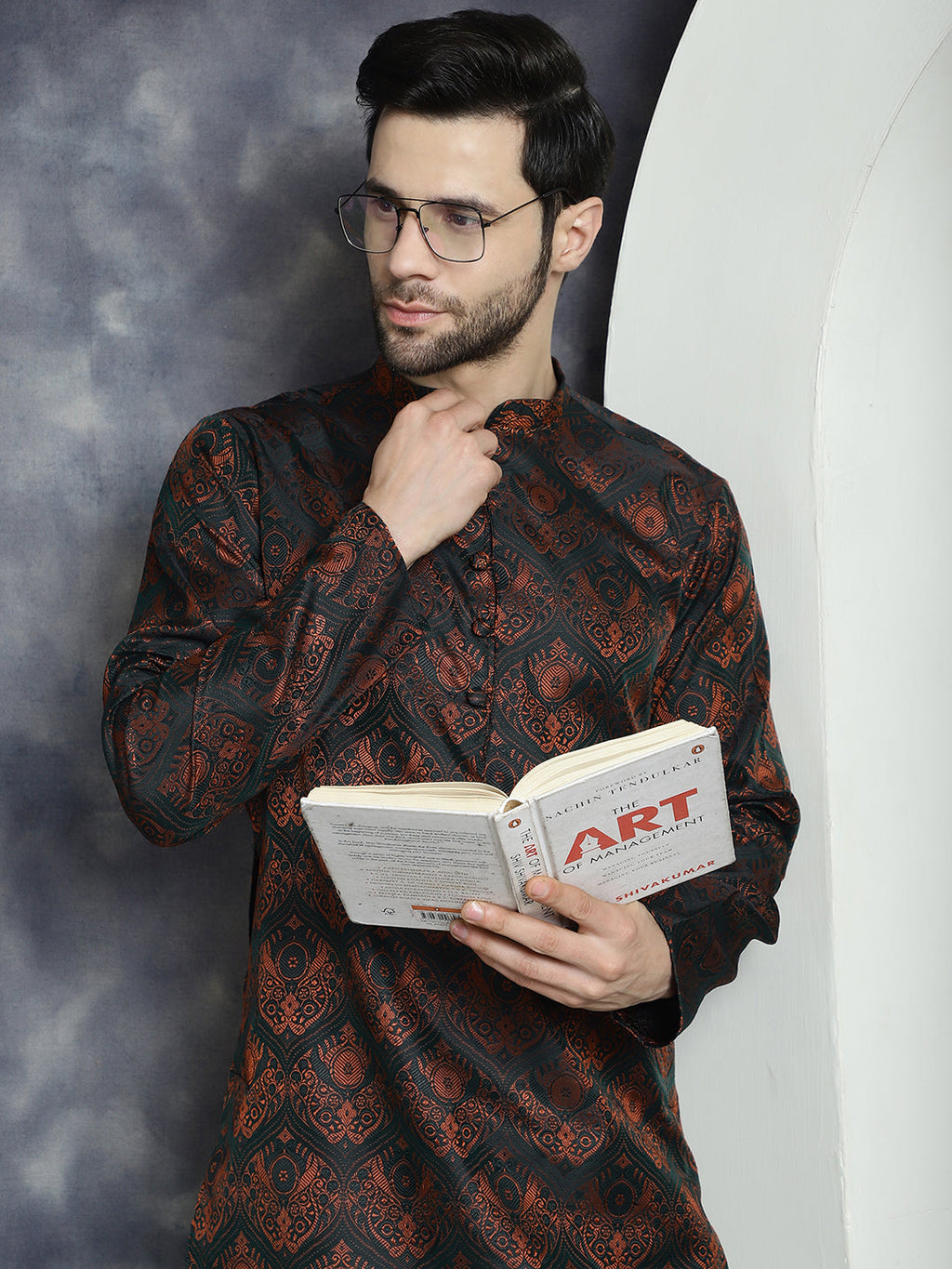 men bronze silk blend straight kurta pyjama set