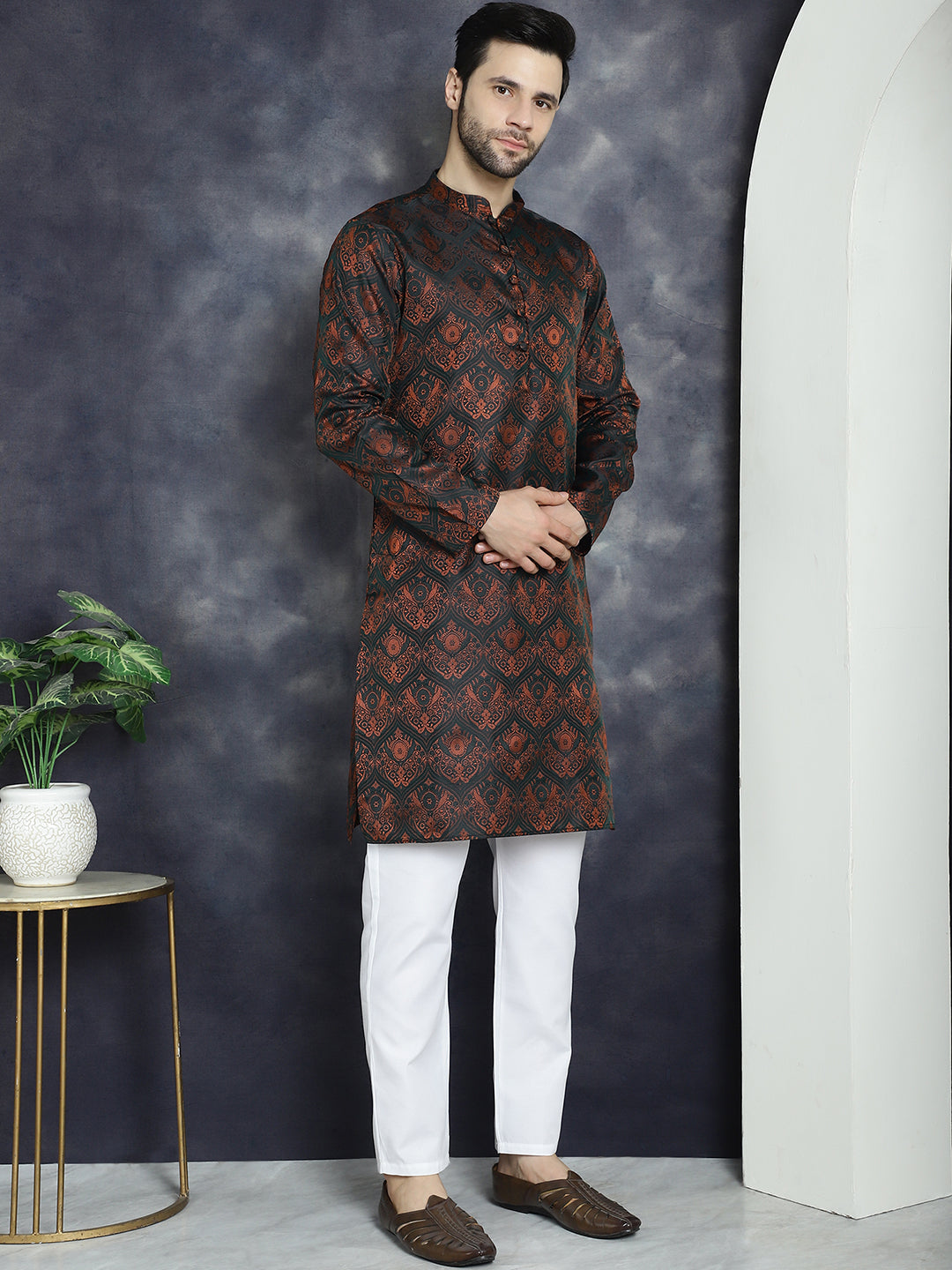 men bronze silk blend straight kurta pyjama set