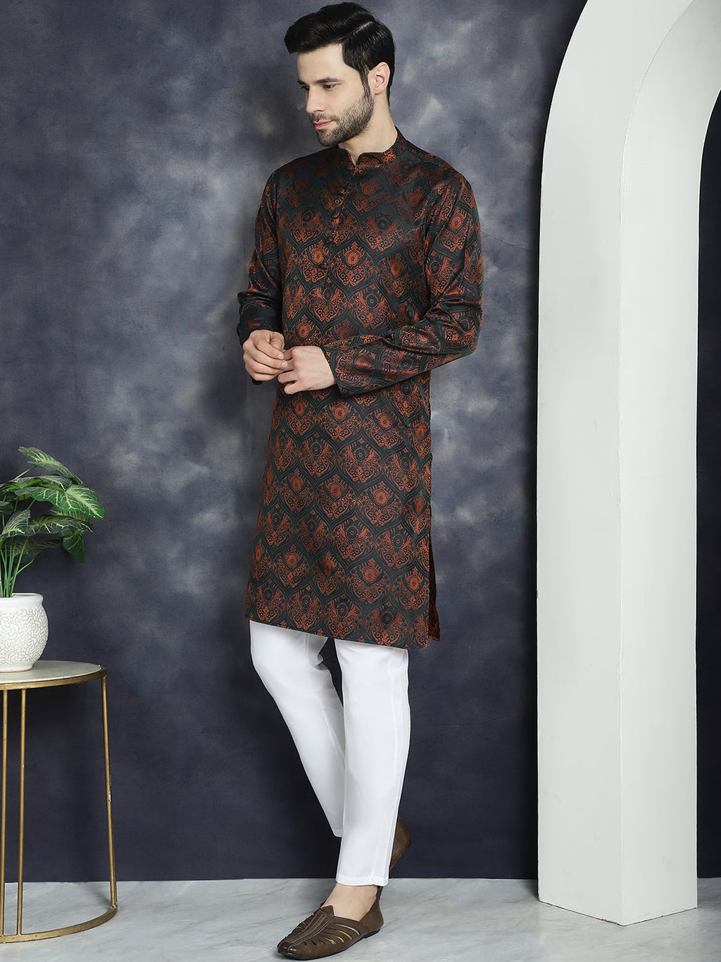 men bronze silk blend straight kurta pyjama set