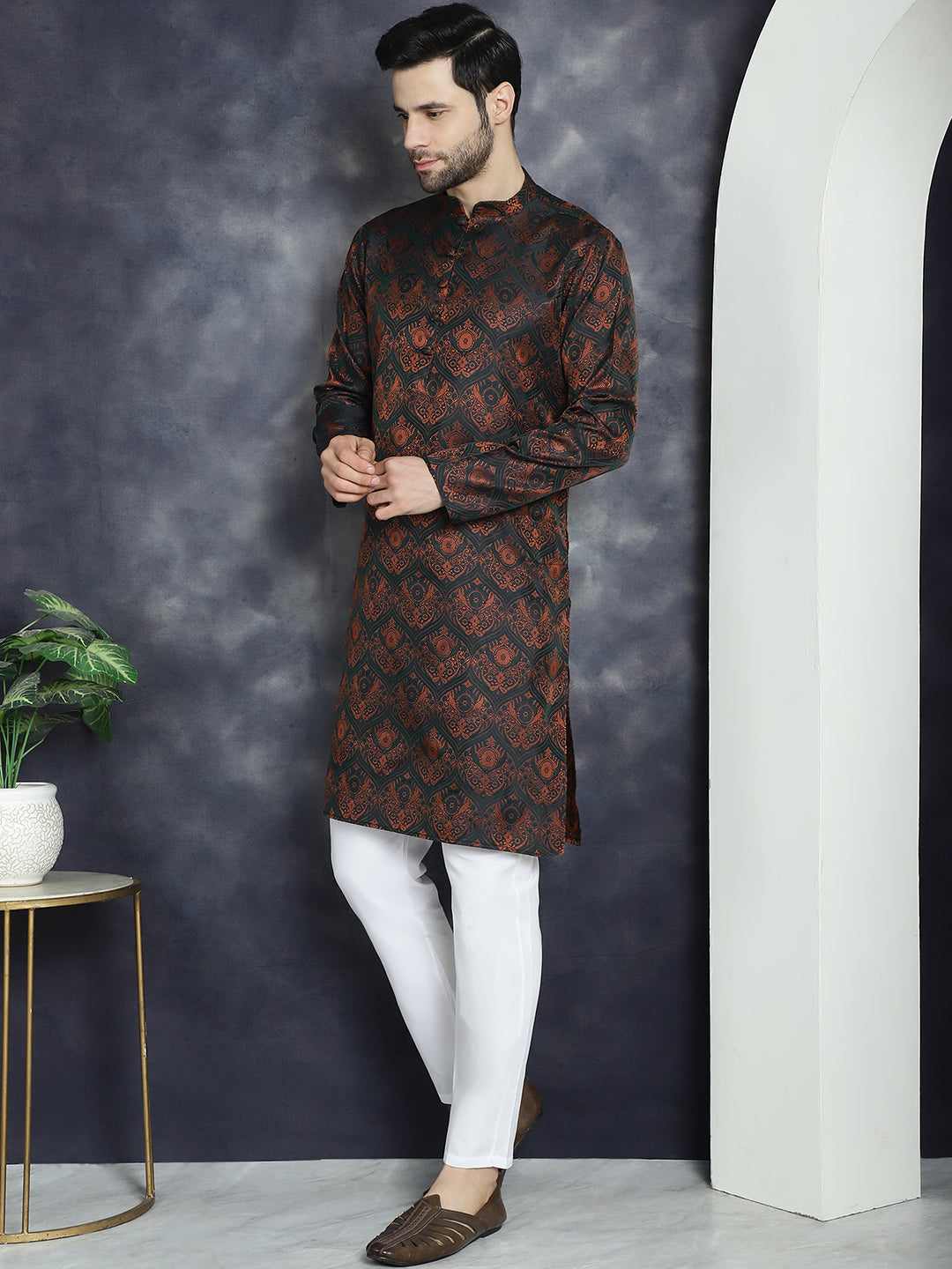 men bronze silk blend straight kurta pyjama set