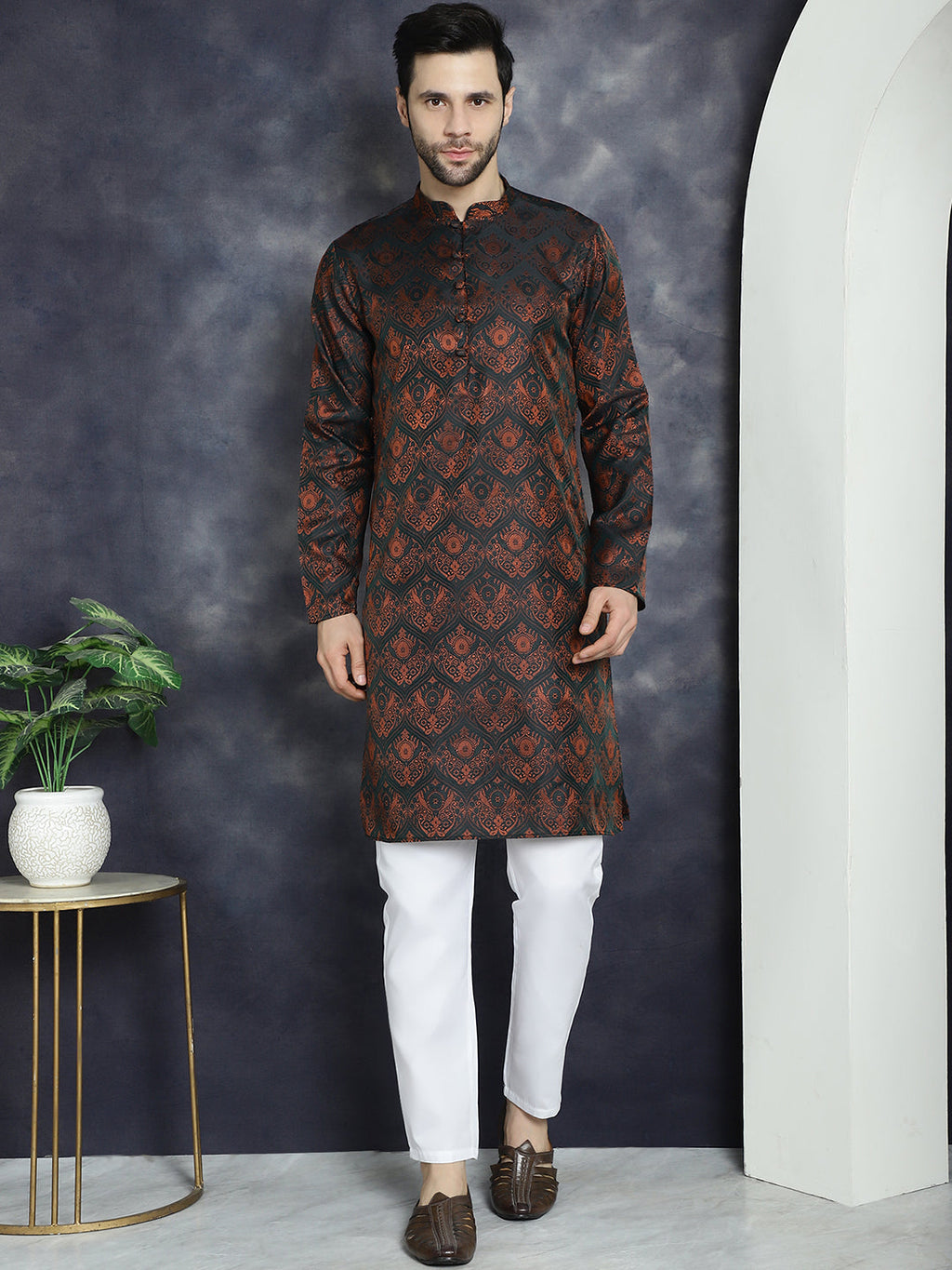 men bronze silk blend straight kurta pyjama set