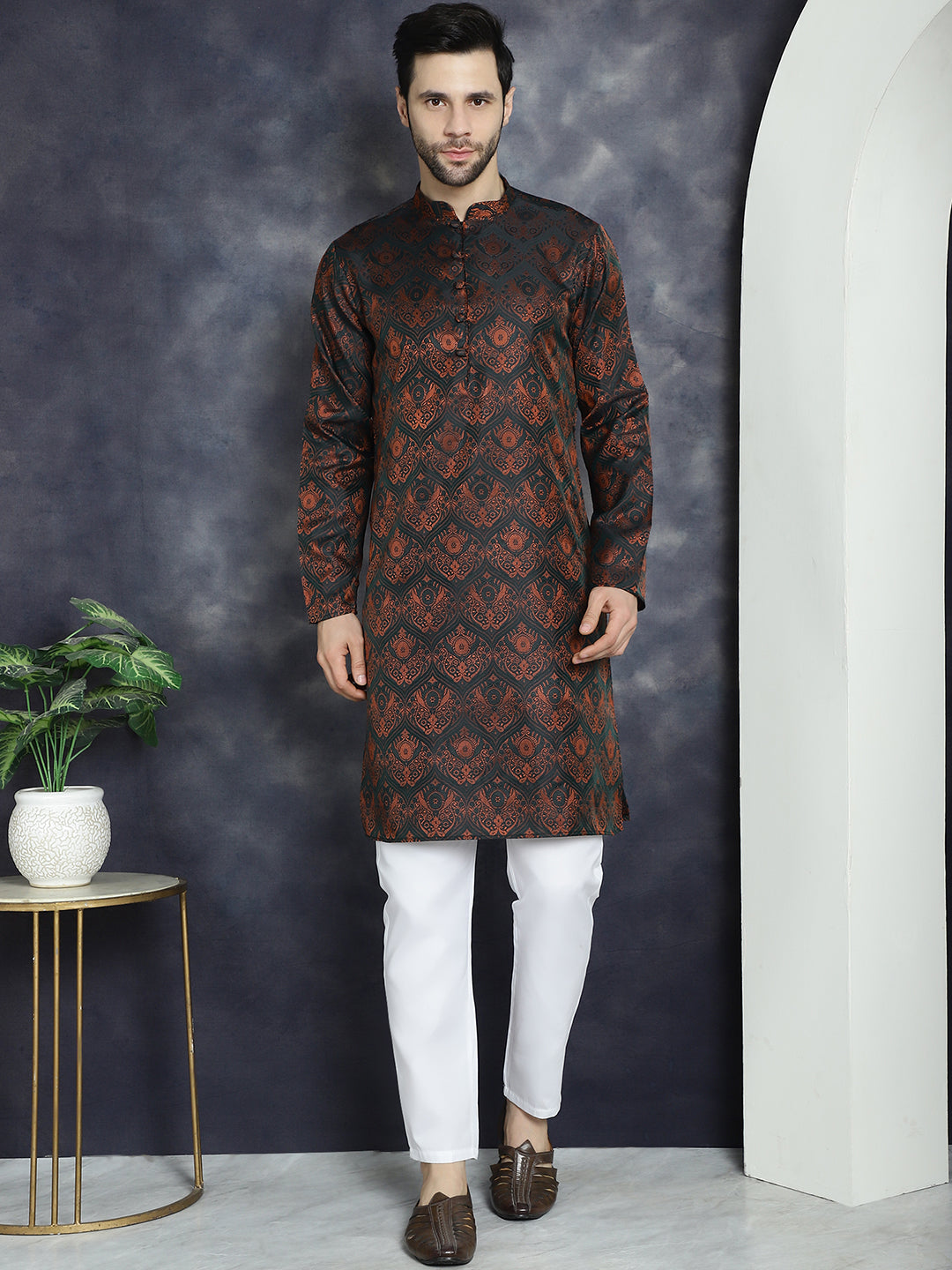 men bronze silk blend straight kurta pyjama set