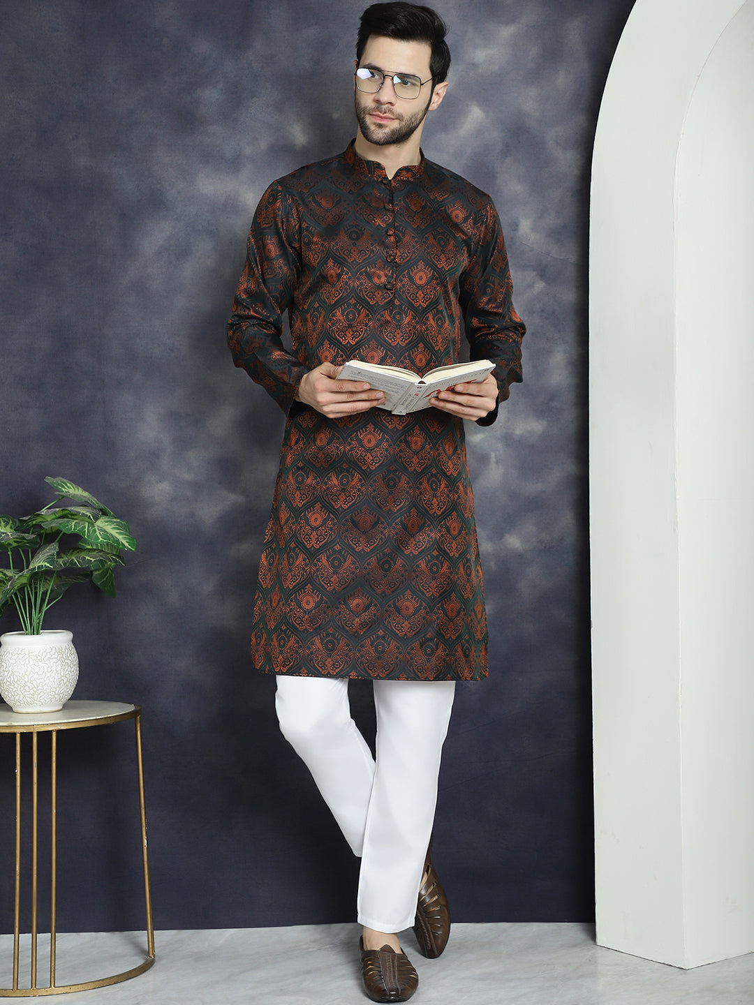 men bronze silk blend straight kurta pyjama set