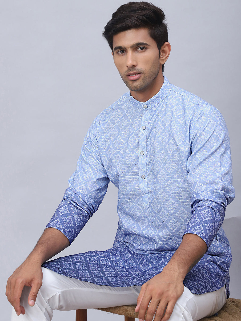 mens blue ombre printed kurta pyjama set