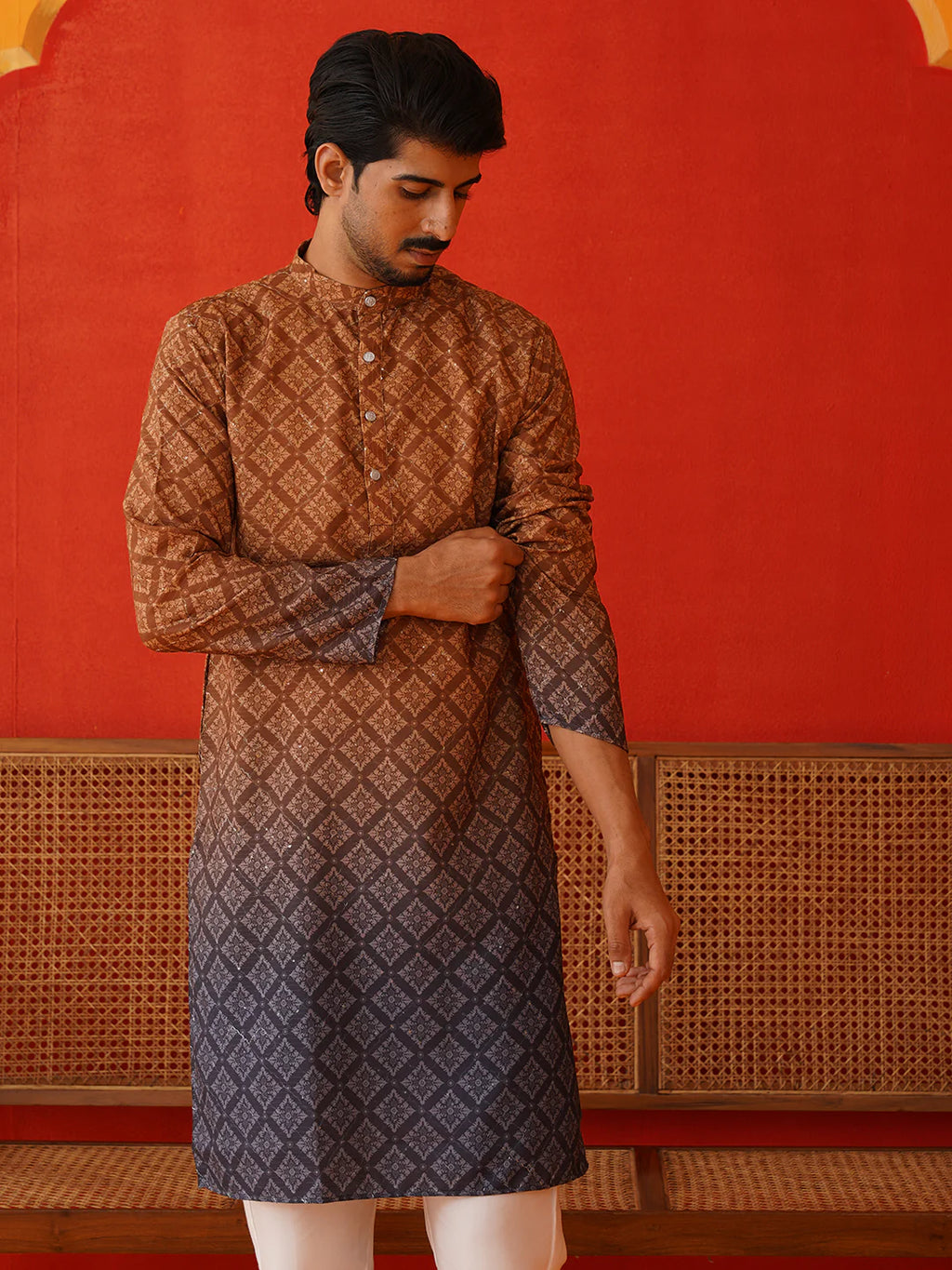 brown ombre printed kurta pyjama set for men